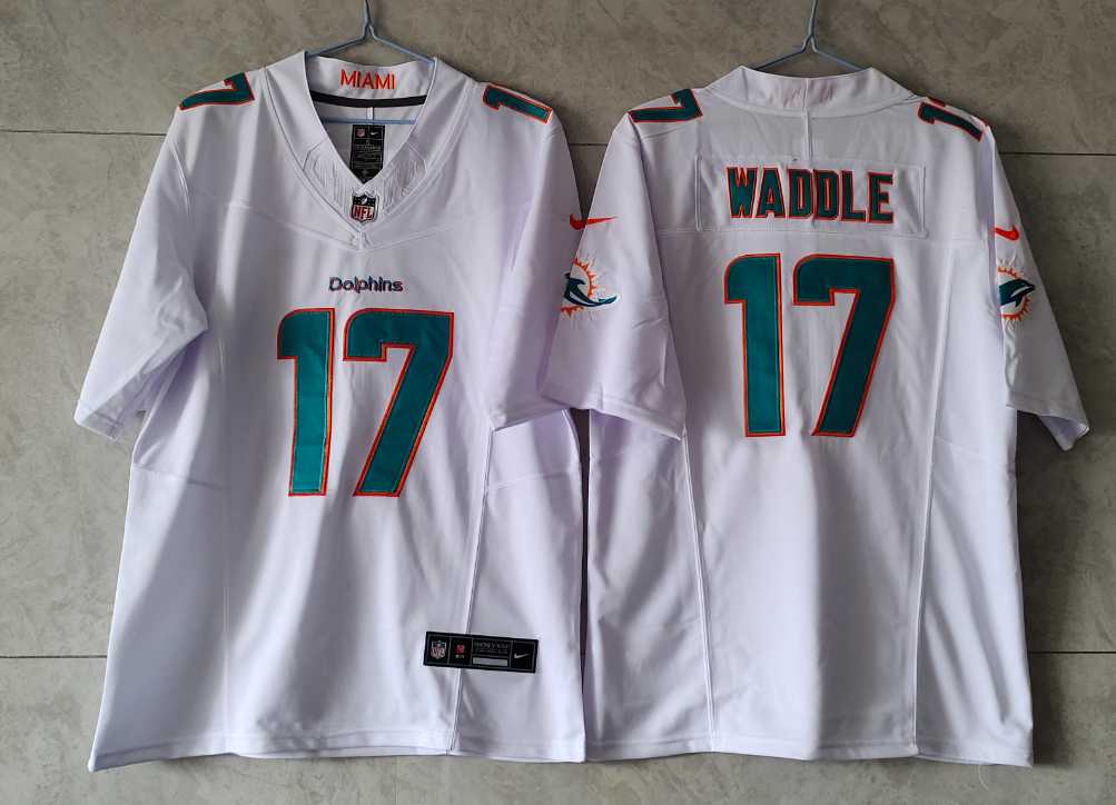 Men%27s Miami Dolphins #17 Jaylen Waddle White 2023 FUSE Vapor Limited Throwback Stitched Jersey